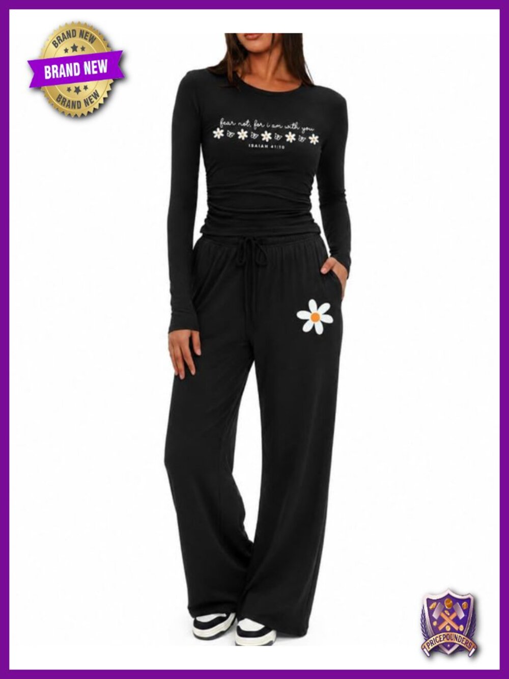 Women 2 Piece Lounge Set Long Sleeve Christian Graphic Wide Leg Pants Pockets